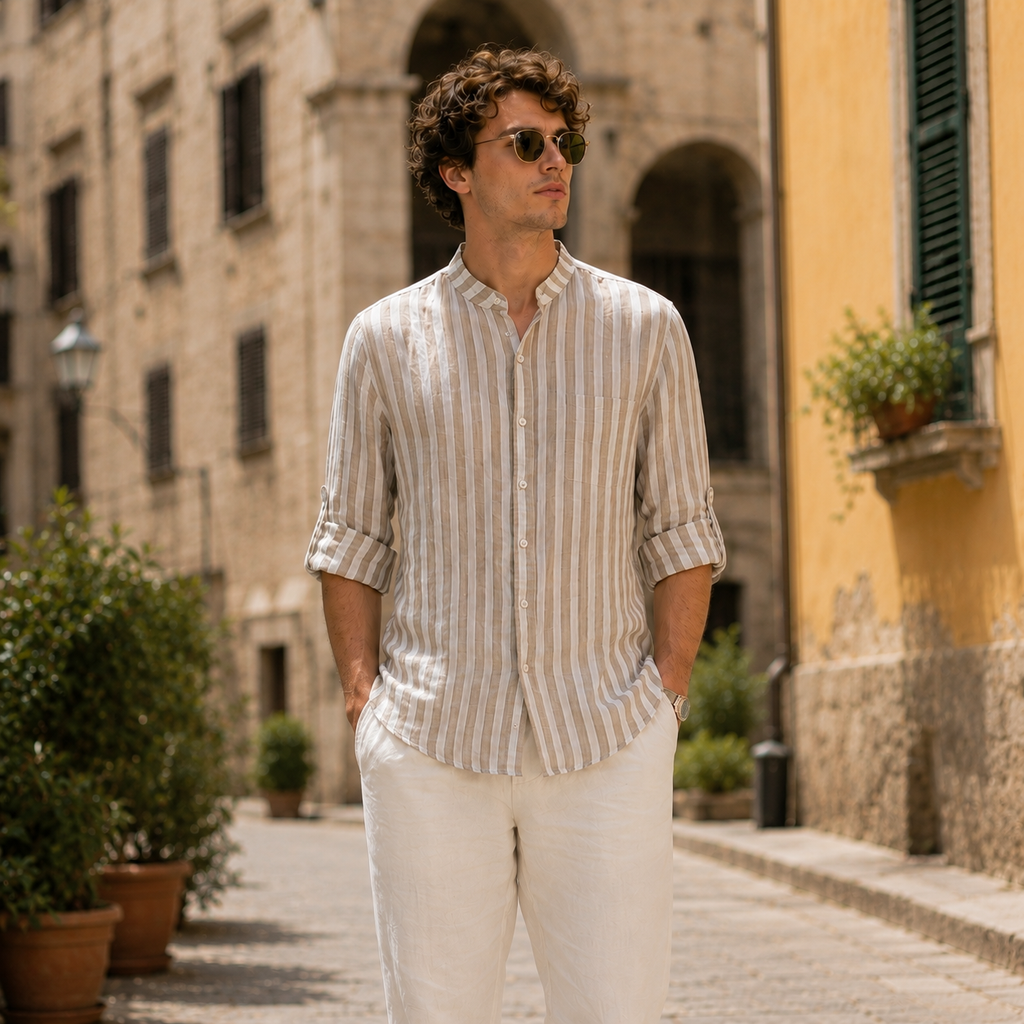 Camicia koreana in lino - righe larghe
