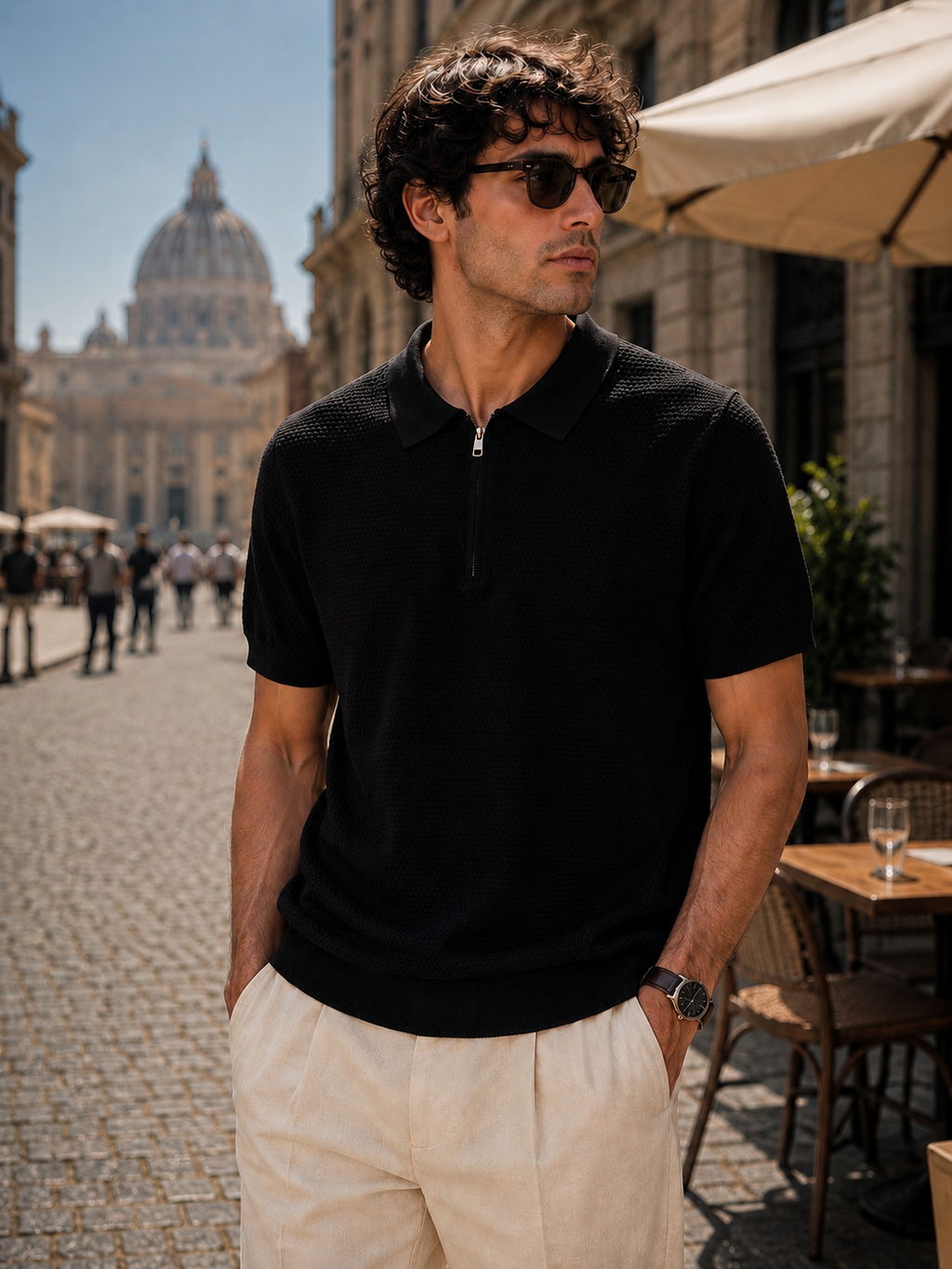 Polo mezza zip-fantasia nido d'ape