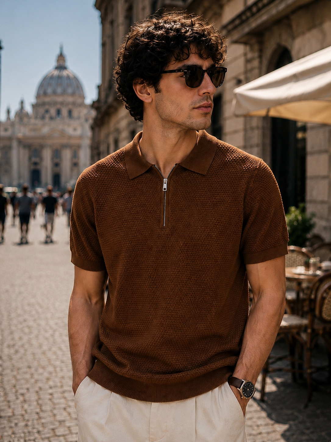 Polo mezza zip-fantasia nido d'ape
