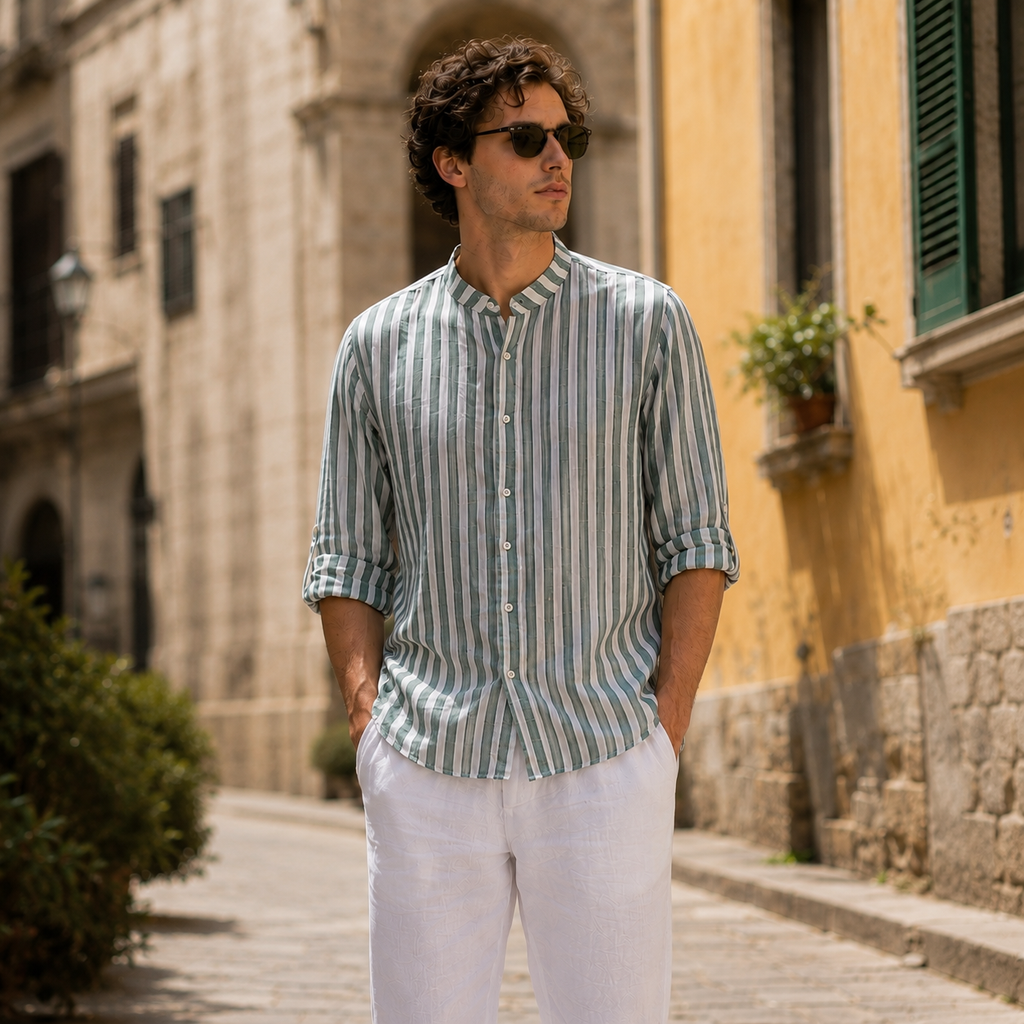 Camicia koreana in lino - righe larghe