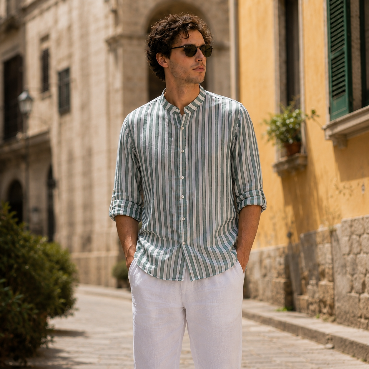 Camicia koreana in lino - righe larghe