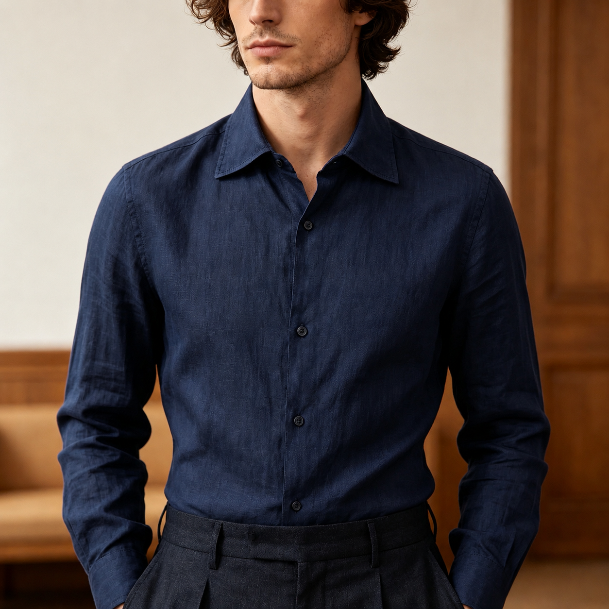 Camicia misto lino-collo francese