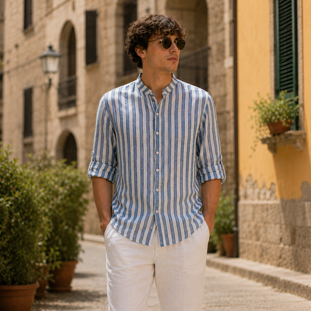 Camicia koreana in lino - righe larghe